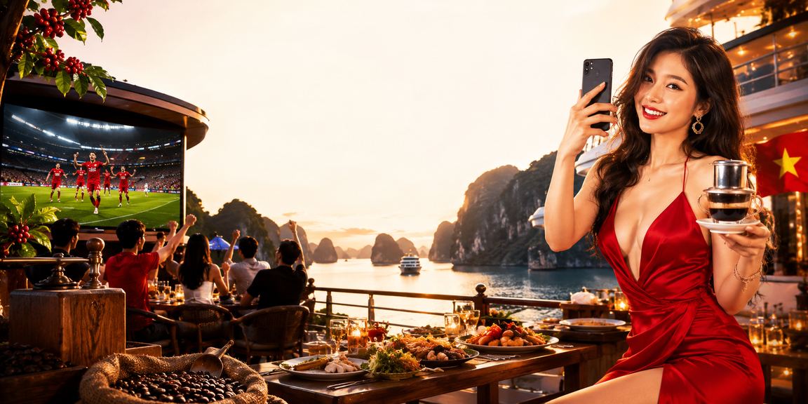 Người chơi nhâm nhi cà phê nhìn ra vịnh Hạ Long, theo dõi điểm thưởng và kèo bóng đá trên điện thoại