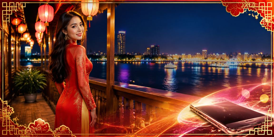 Phụ nữ mặc áo dài bên sông Mekong cầm điện thoại truy cập casino trực tuyến